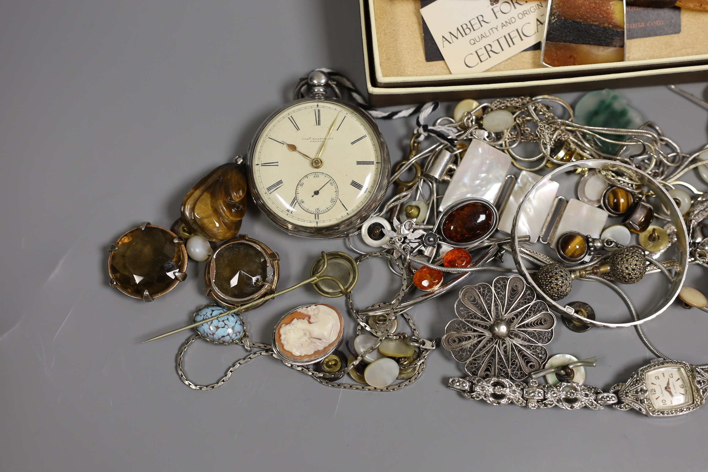 A quantity of assorted jewellery including white metal and 925, together with a silver open faced pocket watch and a Swiss white metal fob watch.